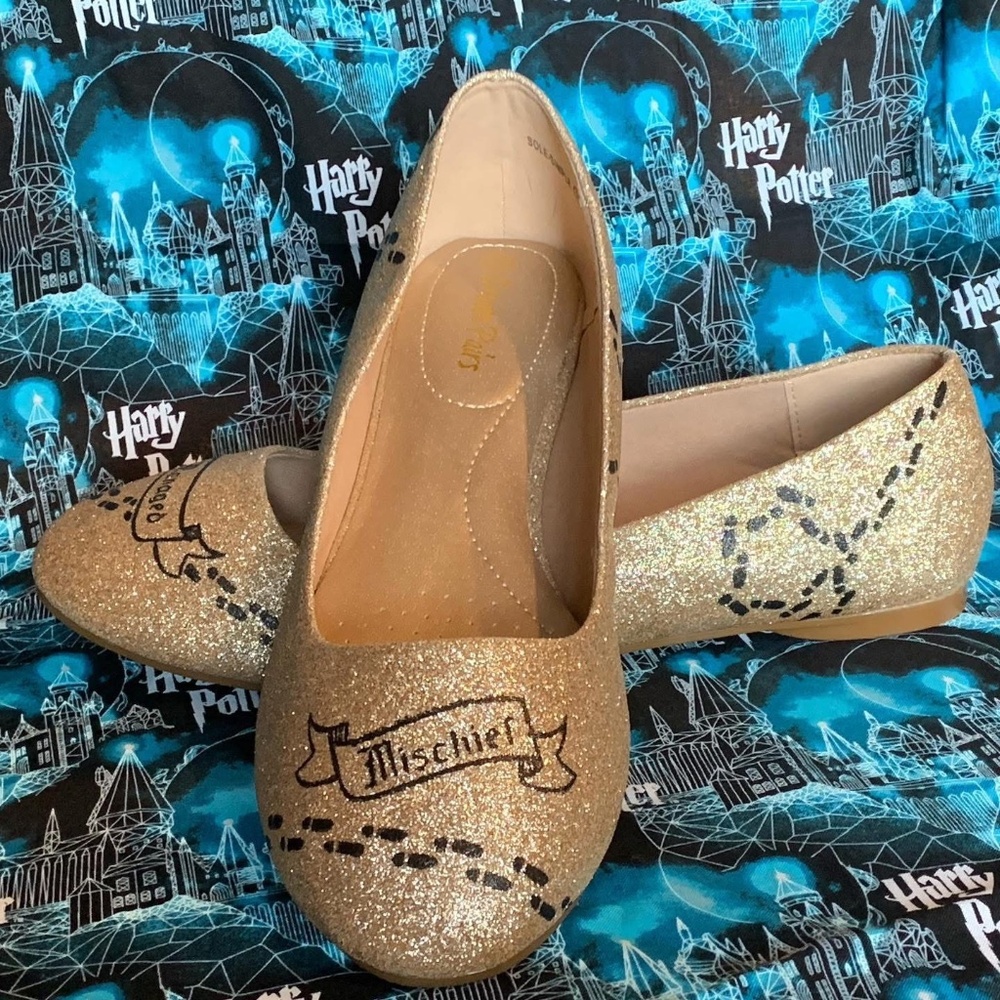 Hand painted Mischief Managed glitter shoes
